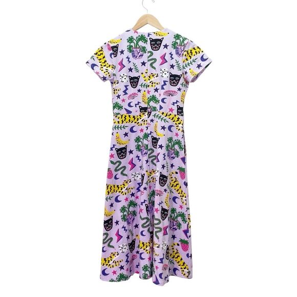 Nooworks Greta Dress XS Purple Graphic Print Fit & Flare Cotton Jersey Pockets - Picture 4 of 12